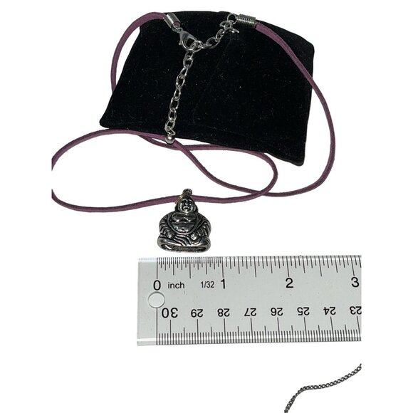Silver Textured Fat Buddha Charm Amulet Pendant Purple Leather Zen Necklace - Picture 3 of 5